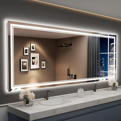Miroir de salle de bain à DEL avec éclairage rétroéclairé et éclairé à l'avant, technologie antibuée, 3 températures de couleur, gradation continue, verre trempé incassable, homologué ETL