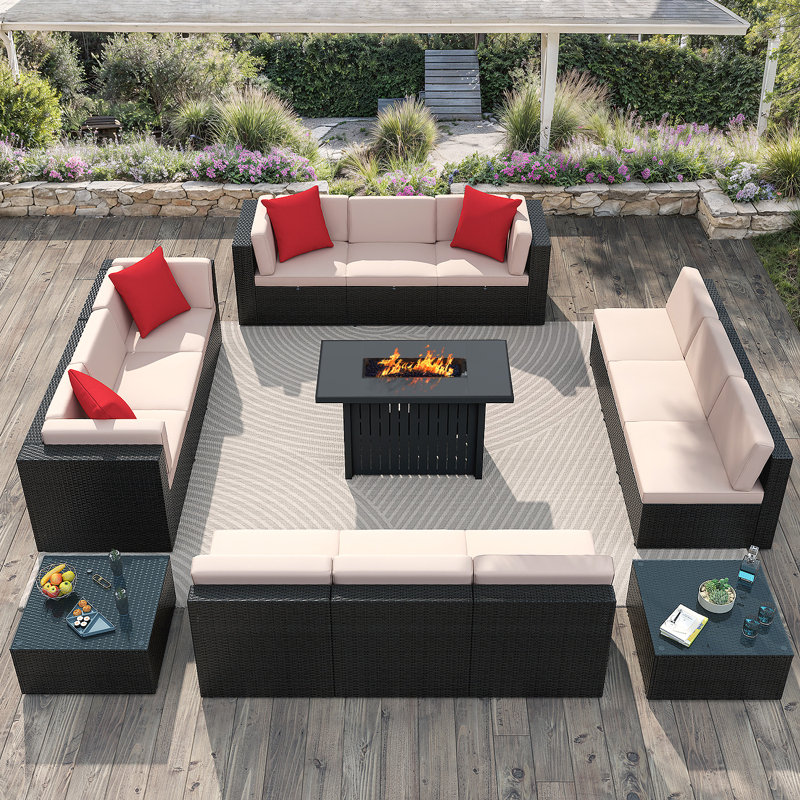 15-Piece 12-Person PE Rattan Outdoor Conversation Set with Fire Pit , Beige