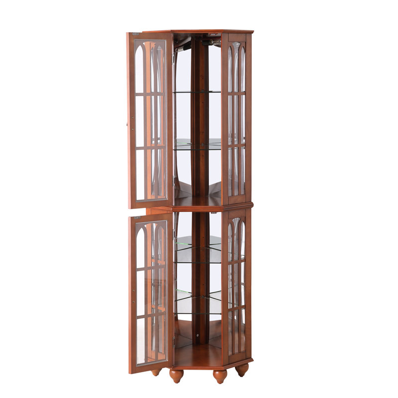 Vitrine de coin avec éclairage et 4 tablettes réglables en verre, pieds en bois massif trempé