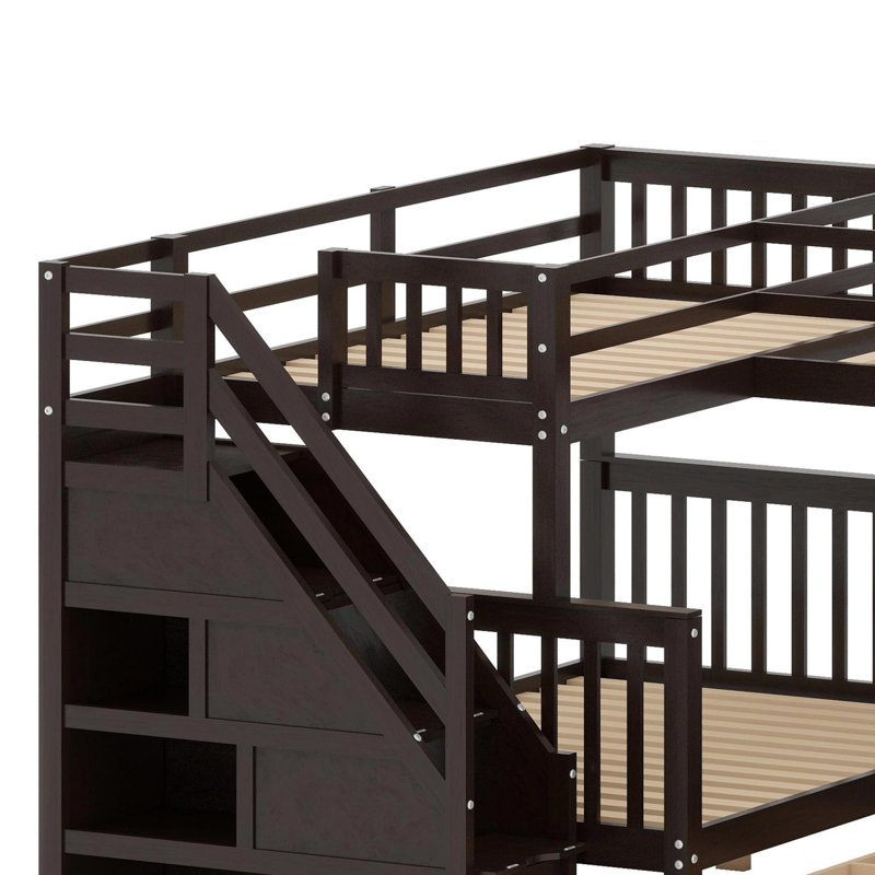 L-Shaped Bunk Bed With Integrated Drawers, Movable Desk, And Built-In Wardrobe, Espresso