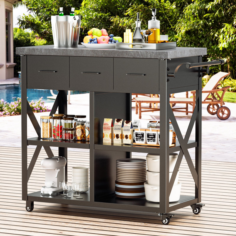 Carvajal 44‘’ Wide Outdoor Kitchen Grill Island Cart With Functional Drawers And Locking Wheels, Marble Looking Countertop