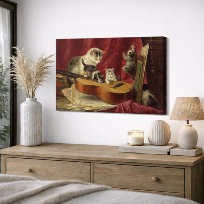 Art rétro de chat et de chat sur guitare, images de salle de musique, impression sur toile encadrée, impression numérique.