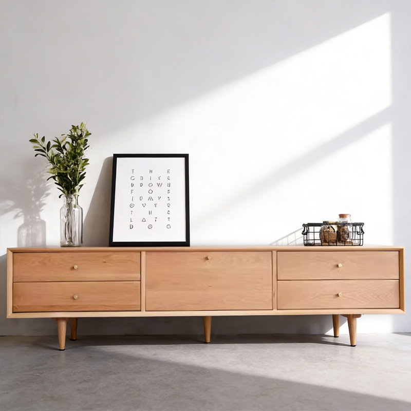 Meuble télé moderne en bois massif de couleur cerisier, Cerisier, H 5,91 po x L 82,68 po x l 15,75 po