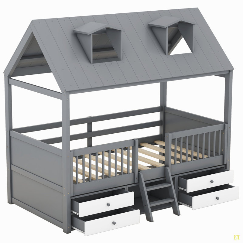 Twin Size Wood Bed House Bed Frame, Gray