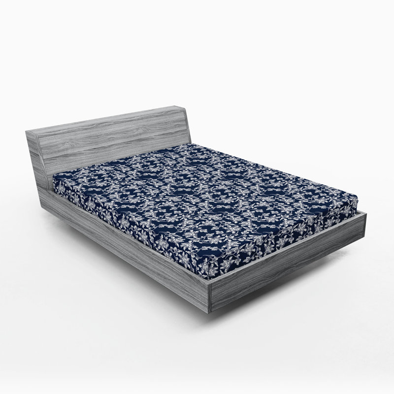 Drap-housse Ambesonne, paquet de 2, Drap-housse de taille très grand, Bleu foncé / motif floral blanc