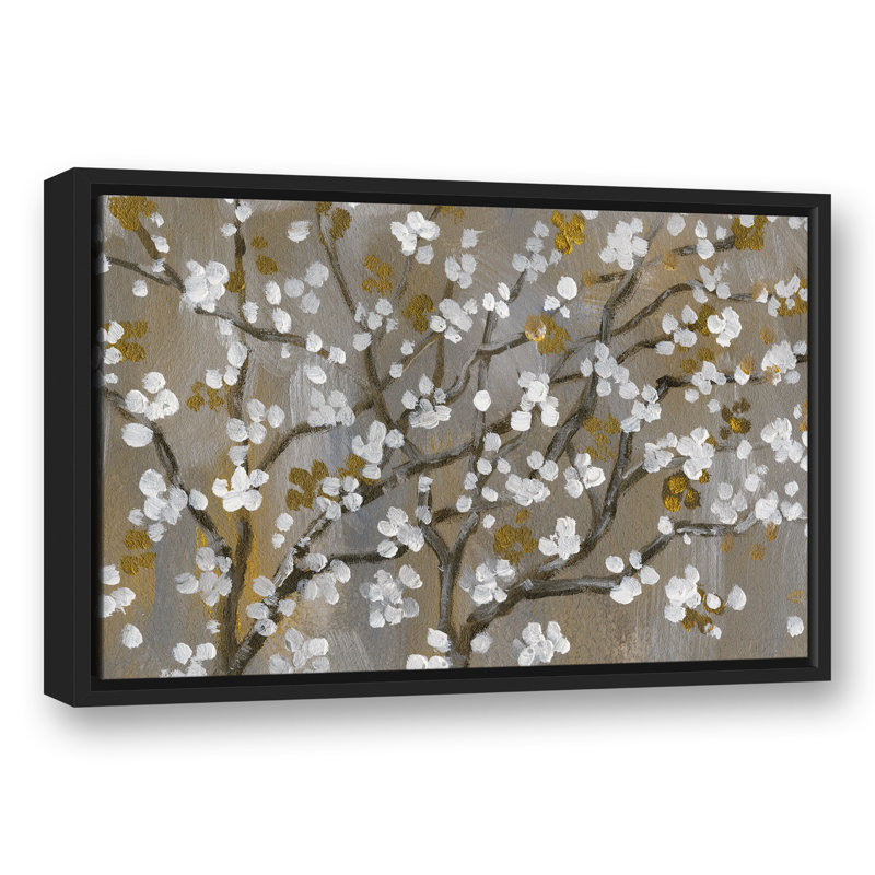 Fleurs de cerisier blanches sur toile, H 17,75 po x l 25,75 po x P 1,75 po, Cadre flottant noir