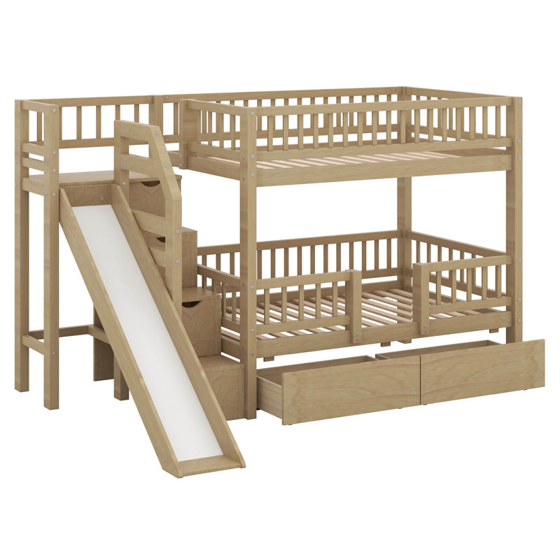 Twin Over Twin Bunk Bed With Storage Staircase, Solid Wood Bunk Bed Frame With Slide And 2 Drawers, Walnut