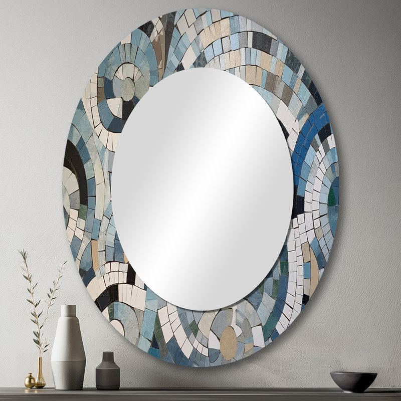 Miroir décoratif géométrique ovale bleu et blanc sur métal, 43 po x 33 po