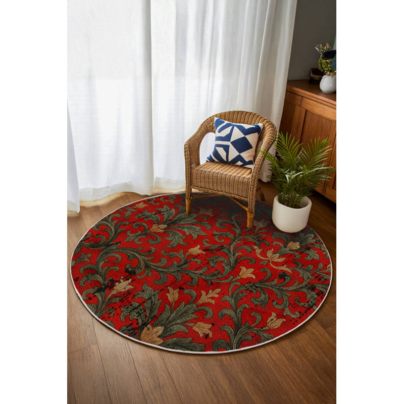 Colchique Collection Digital Print Cotton-Polyester Green Red Floral Rug, Round 3'4"