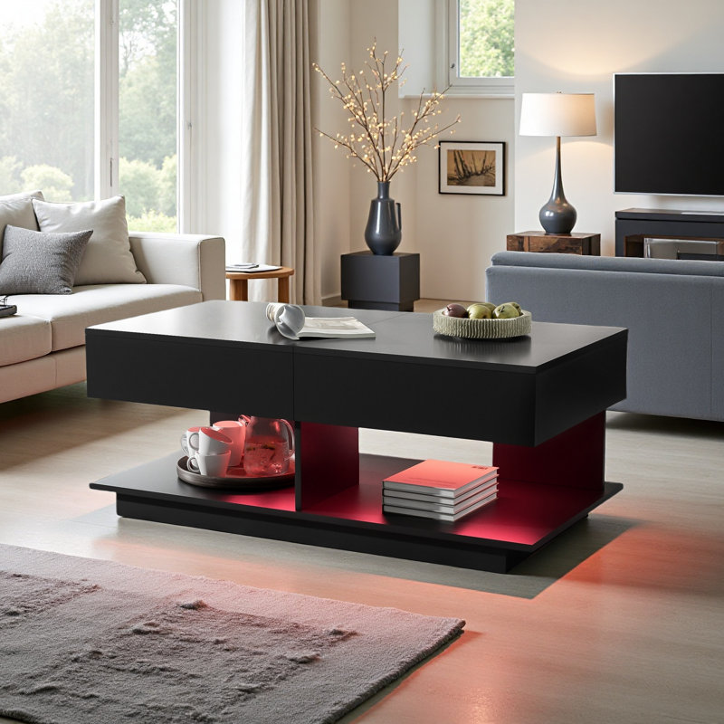 Table basse de 41,3 po à 76,7 po avec bande à DEL de 16 couleurs et espace de rangement caché pour le salon, Black