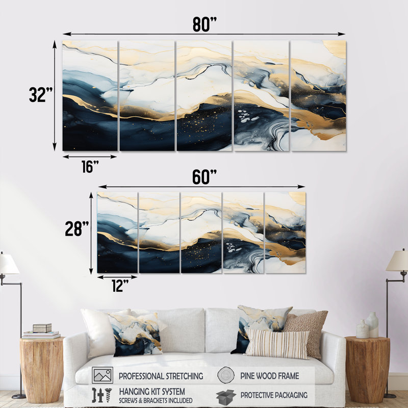 Encre de marbre abstraite dorée et bleue II - marbre abstrait, ensemble d'art mural 5 pièces, H 32 po x l 80 po
