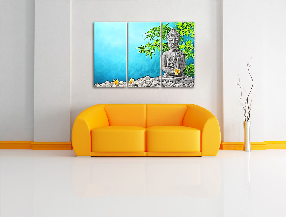 3-tlg. Leinwandbilder-Set „Budda mit Blüten“, Grafikdruck