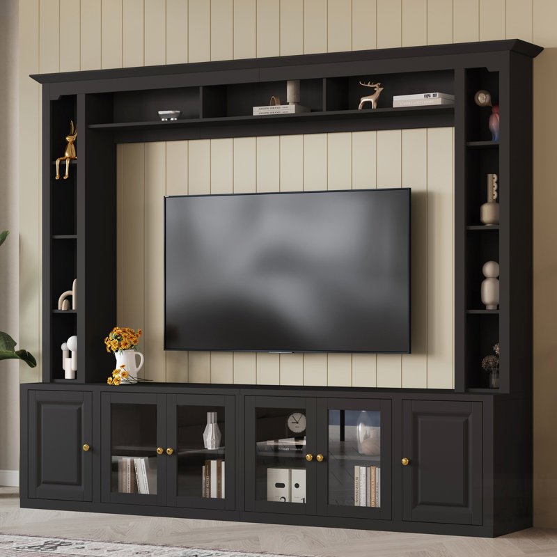 4-Piece Modern Entertainment Center With Bridge For Tvs Up To 80", All-In-1 Wall Unit With Bookshelves, Black