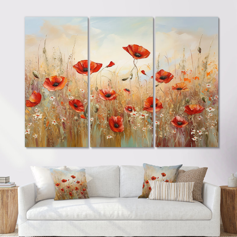«Red and Golden Poppies Field I» - ensemble de reproductions d'art mural coquelicots, Toile tendue
