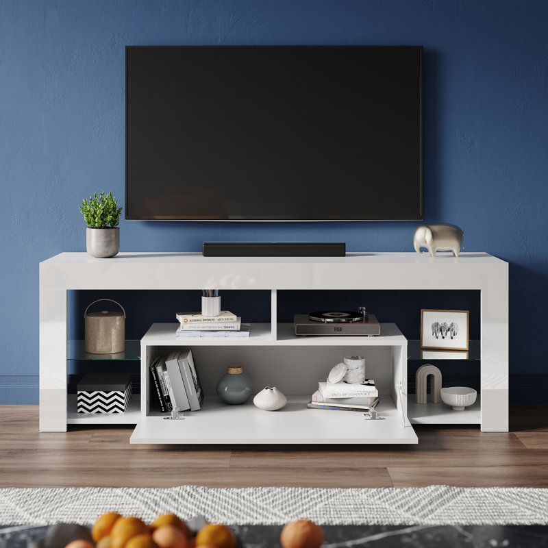 RGB Color Changing Light Mood TV Cabinet with Flip-Down Door, White, 50.5cm H x 180cm L x 35cm W