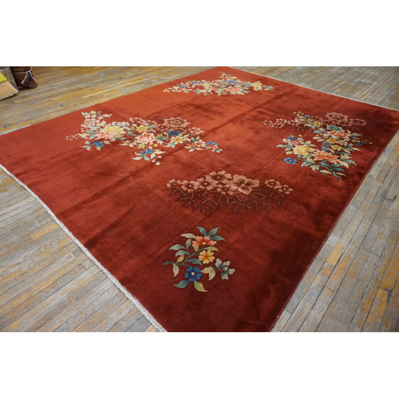 Rectangle Room Size 1930s Coral Knotted Chinese - Art Deco Antique Wool Rug