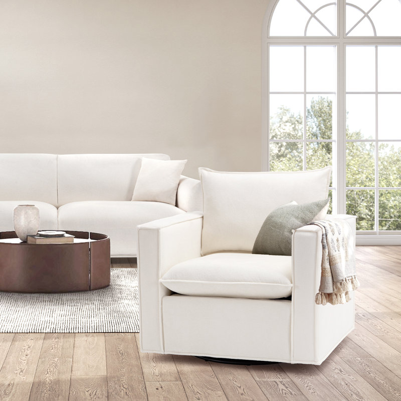 Louretha 34" Wide Fabric Upholstered Swivel Armchair, Beige Fabric