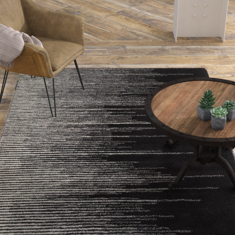 Tapis rayé en laine touffeté à la main noir / gris Brittanie, Rectangle 8 pi x 10 pi