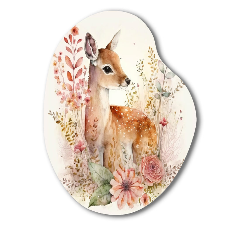 Mignon petit cerf avec fleurs roses - art animalier mural en forme de poire, H 30 po x l 22 po