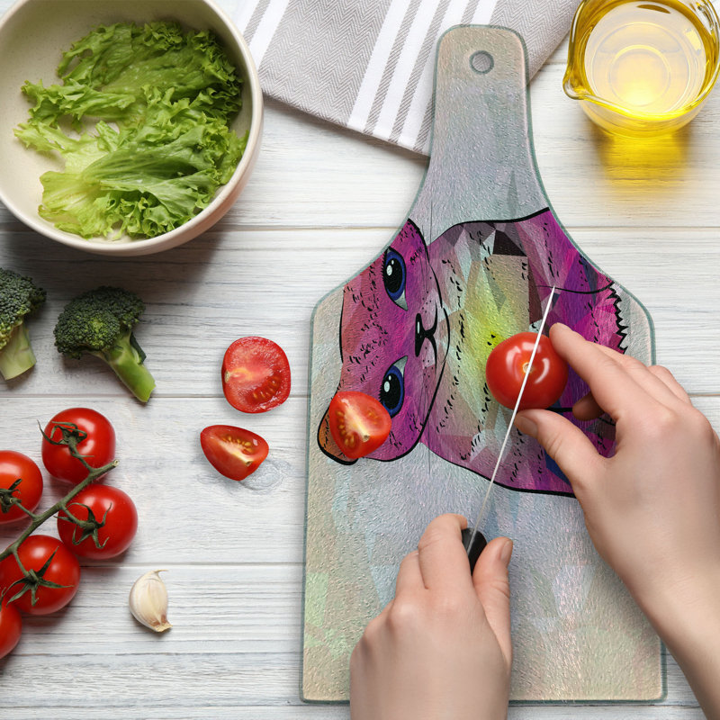 Ambesonne Pink Tempered Glass Cutting Board Retro Digital Robot Cat Pink Fuchsia