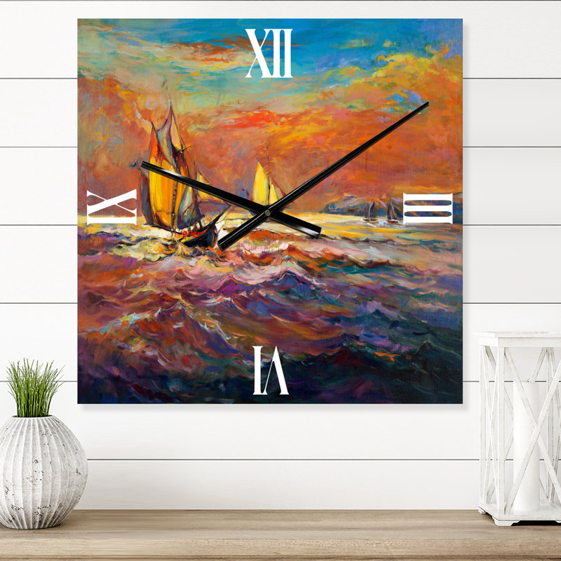 Voiliers sur les vagues de l'océan au coucher du soleil orange - Horloge murale nautique et côtière, Grand