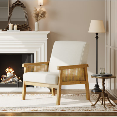 High Back Wooden Frame Rattan & Linen Armchair, Upholstered Leisure Reading Chair for Living Room or Waiting Room, Beige