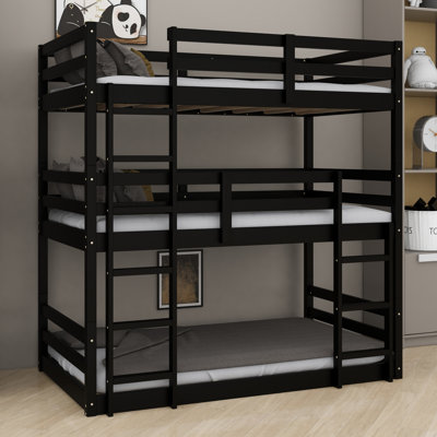 Triple Bunk Bed Featuring  Two Integrated Ladders and Guardrails, Convertible to Separate Beds