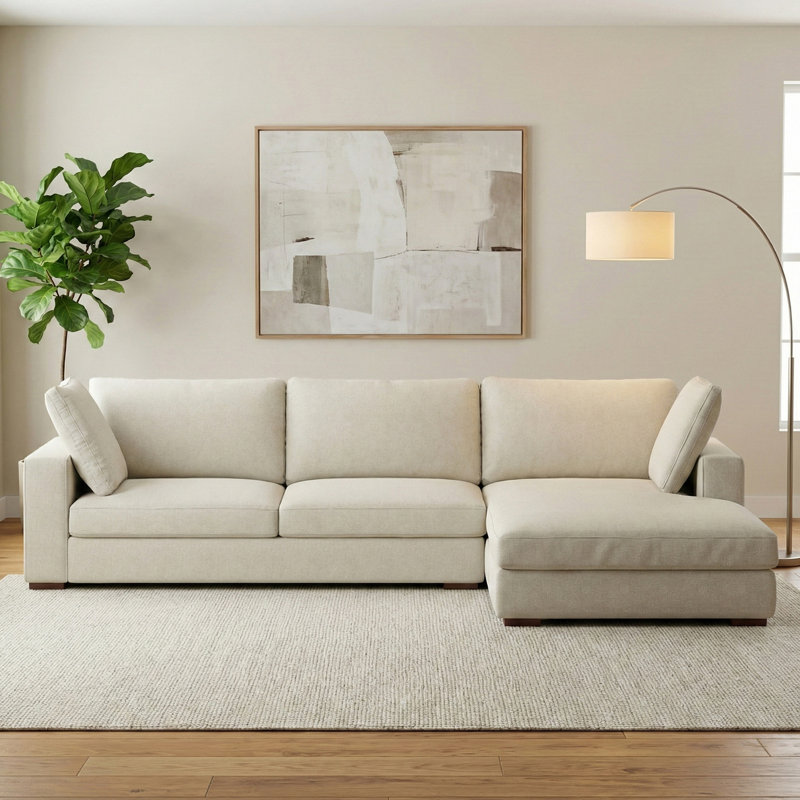 Charlie Large Deep Seater L-Shaped Performance Fabric Sofa in Contemporary Style, Cream, Right Sectional Sofa