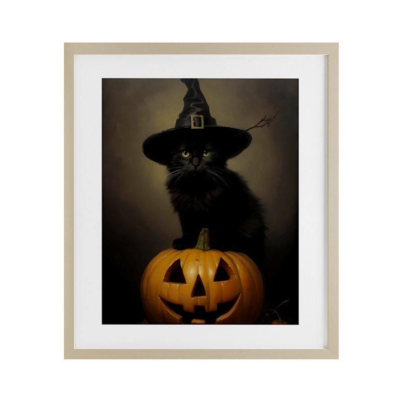 «Black Cat on Pumpkin», reproduction encadrée sous verre, design par LSR Design Studio, H 16 po x l 13 po
