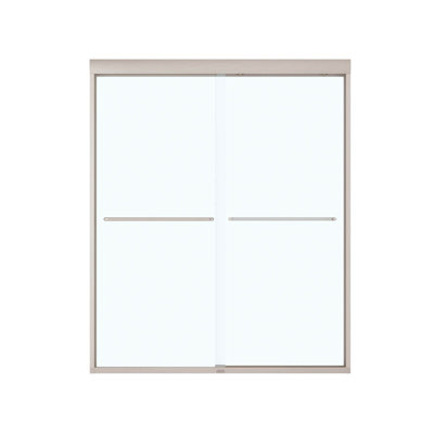 Aura 55-59 x 71 po. Porte de douche coulissante 6 mm pour installation en alcôve avec verre transparent en nickel brossé