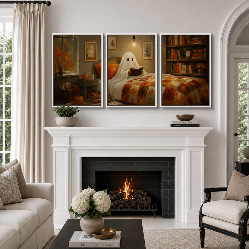 «Cosy Halloween Ghost lecture, art de chambre à coucher, impression sur toile encadrée, 3 pièces, art mural , Cadre naturel