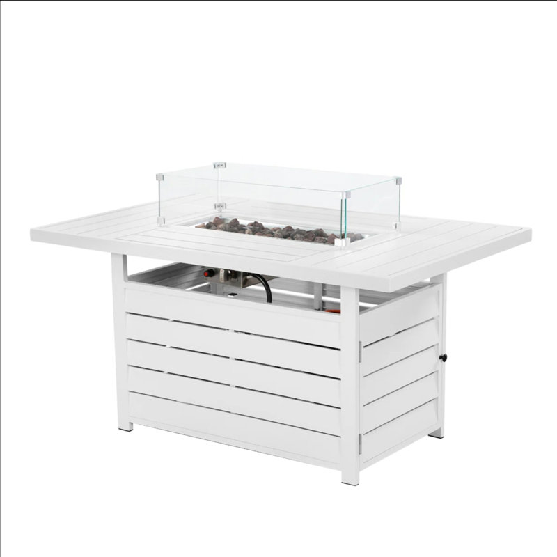 54.3", Propane Fire Pit Table, White Aluminum, 50000 , Stainless Burner, Lava Rock, Glass Wind Guard, Winter Warmth Aluminum Rectangular Comes With Hidden Tank Storage And Waterproof Cover, Ideal For