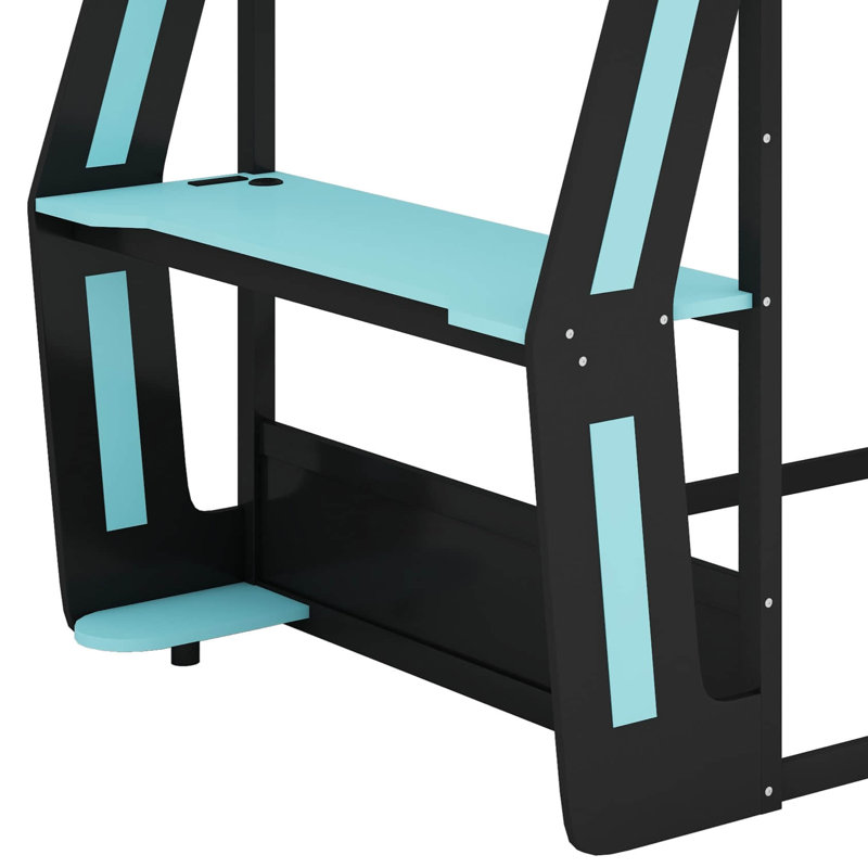 Full-Size Gaming Bunk Bed With Side-Mounted Extra-Large RGB Desk, USB Charging Ports, Cable Grommets And LED Light Strips, Heavy-Duty Esports Loft Frame