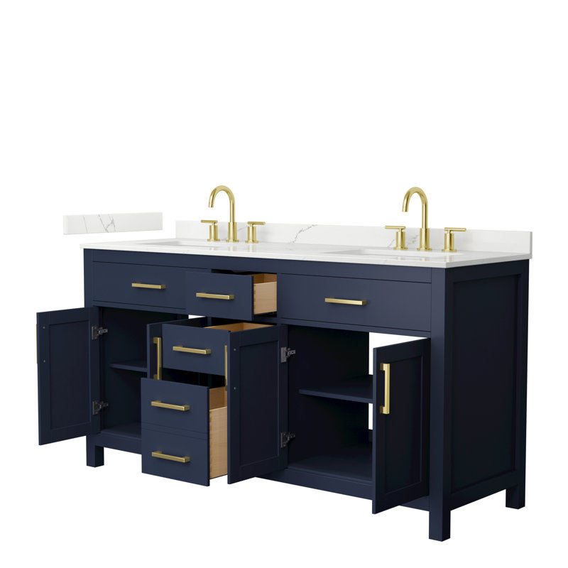 Beckett 66" Freestanding Double Bathroom Vanity with Quartz Top, Brushed Gold, Giotto Quartz, Dark Blue