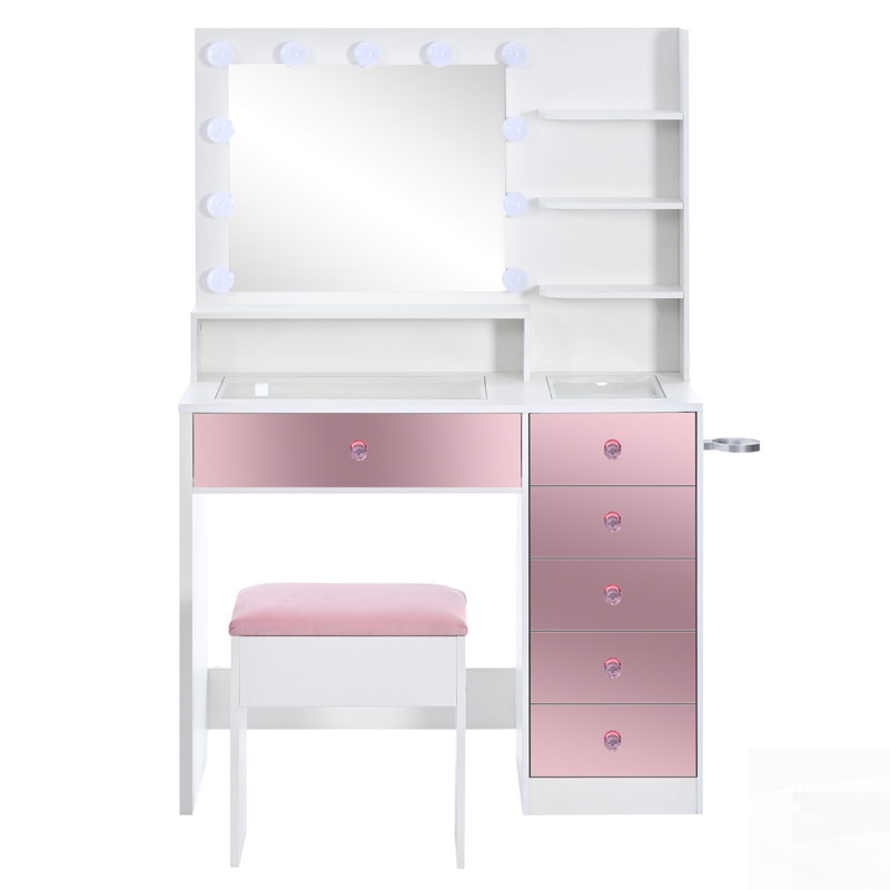 Bureau de coiffeuse glamour avec plateau en verre, 11 ampoules Hollywood, 3 modes d'éclairage couleur et tiroirs et tablettes à finition rose pour les chambres à coucher modernes