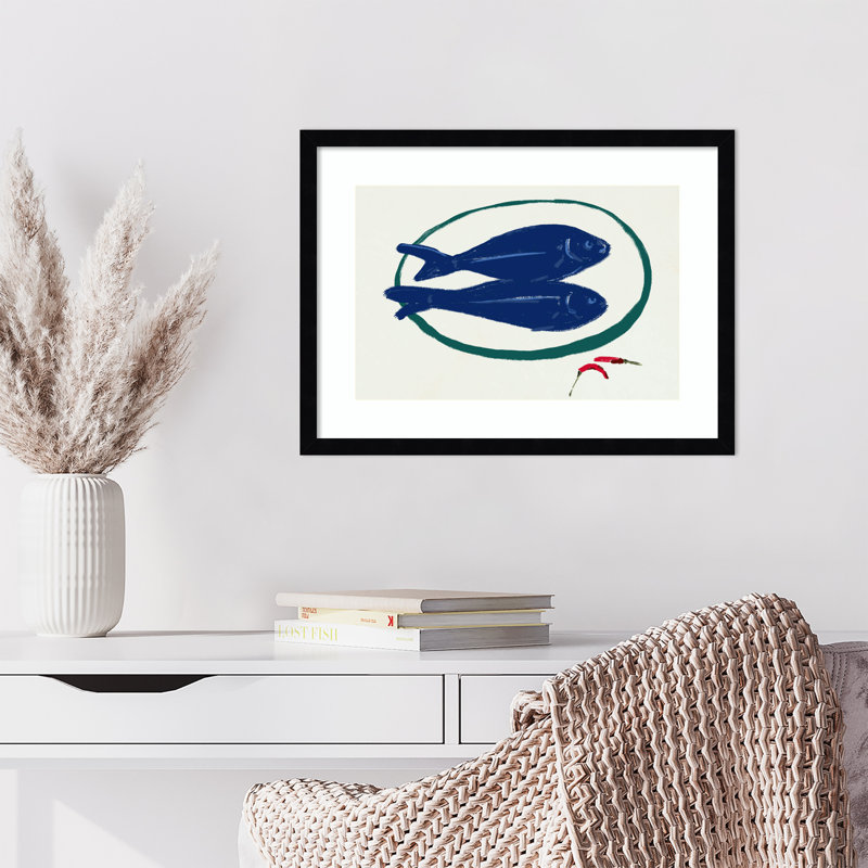 «Blue Fishes Still Life» par Little Dean, reproduction d'art encadrée sur bois, Noir, H 16 po x l 21 po