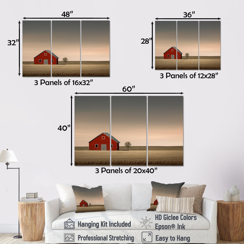 Red Barn Minimalisme Country Charm - Ensemble d'art mural de grange, H 28 po x l 36 po