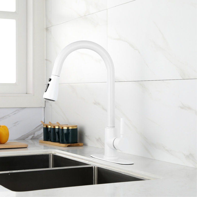 White Stainless Steel Kitchen Faucet, Pull-Out Spray For Practical Operations, 360 Rotatable Nozzle, Two Water Output Settings, Easy Single Operation Modern Faucet With Steel, Pull Out Functionality
