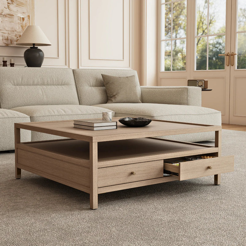 Table basse en chêne clair avec tiroirs et tablette ouverte, table de salon basse carrée