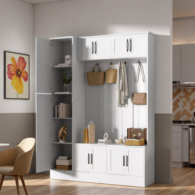 4-in-1 Tall Modern Hall Tree With Shoe Storage,  Cabinets, Coat Hooks, Metal Handles And Adjustable Shelves