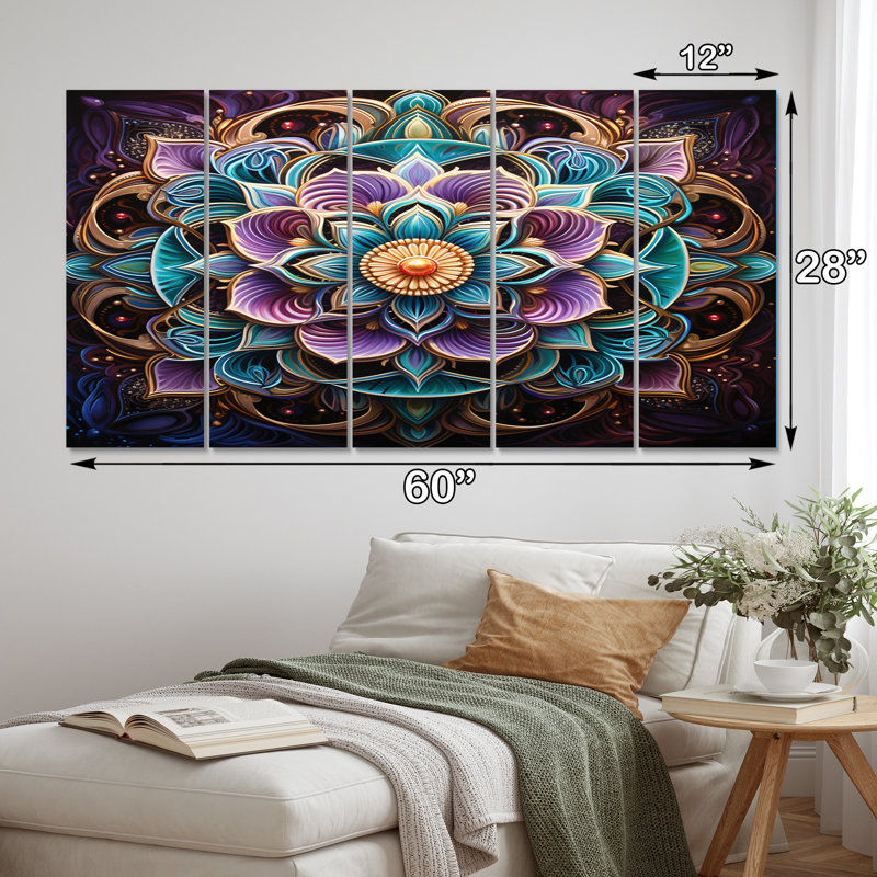 Ancienne mandala magique colorée - décoration murale mandala boho - 5 panneaux égaux