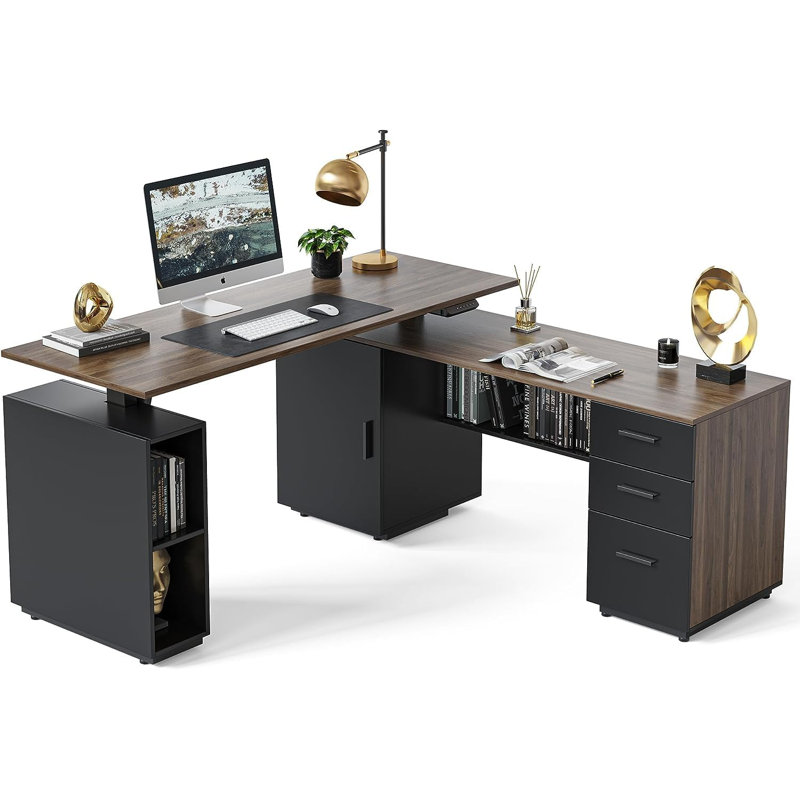 63" L Shaped Office Executive Standing Desk with File Cabinet, Black Walnut