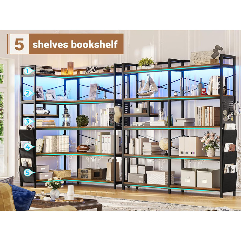 Rustic Brown 5-Tier Convertible Corner Bookshelf with LED Light