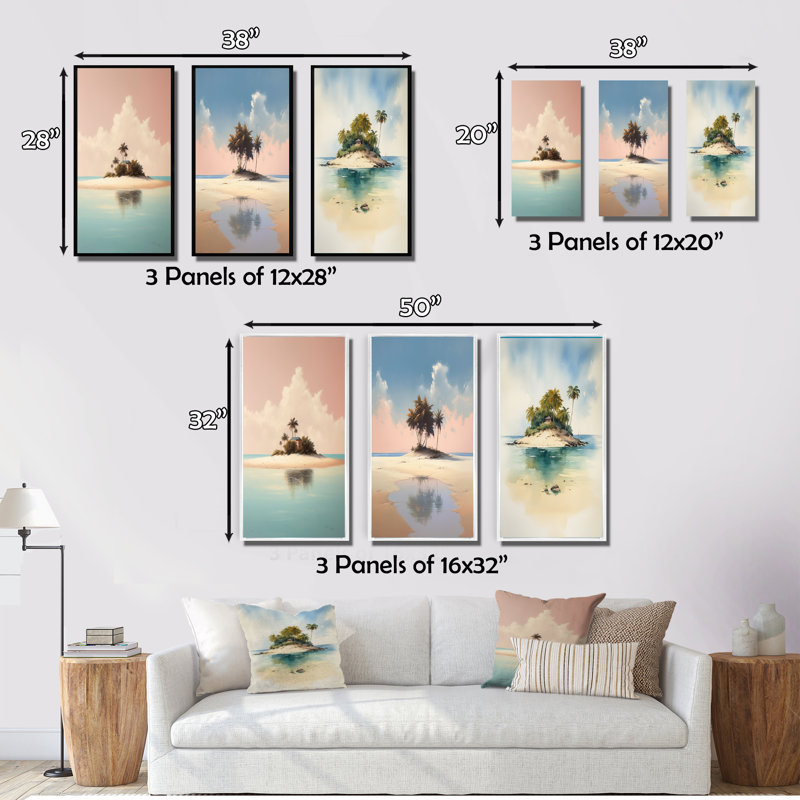 «Île désertique déserte», 3 pièces sur toile, Toile tendue, H 40 po x l 60 po