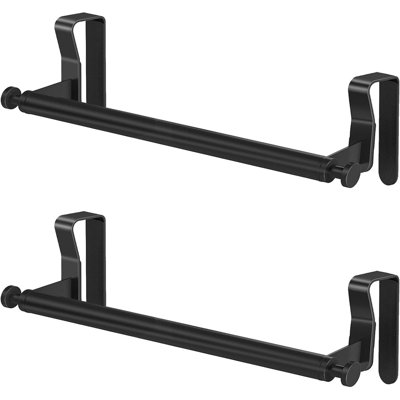 2‑Pack Black Over‑Cabinet Towel Rack, Stainless Steel Kitchen Dish Towel Holder with Extra Hooks for Cabinet Doors