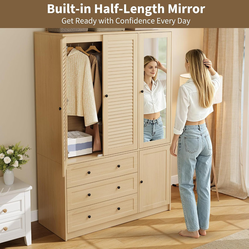 Armoire 70 "avec miroir, armoire en bois à 3 tiroirs, chêne 70", Ivoire ivoire