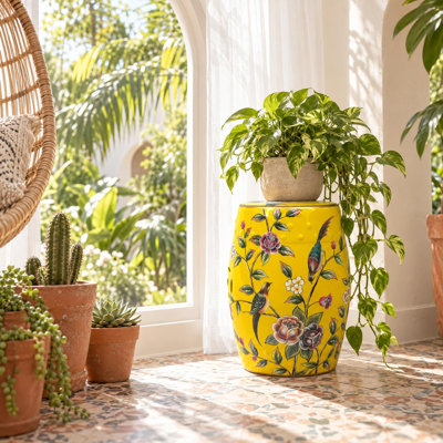 Tabouret de jardin en céramique à motif rose jaune et oiseau