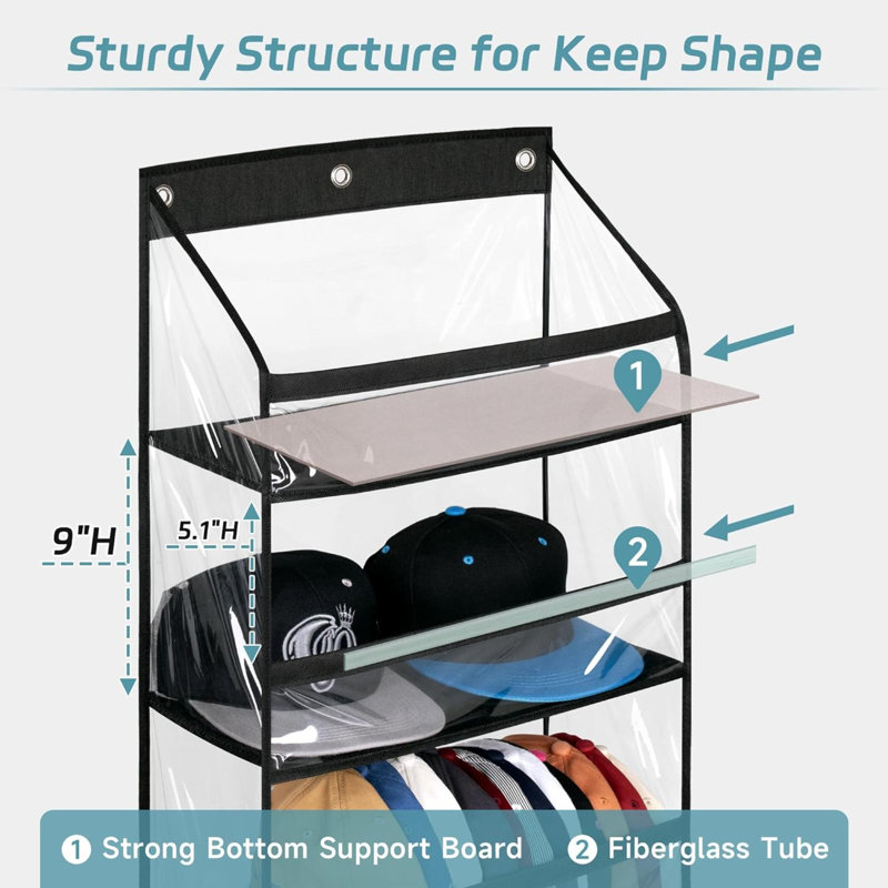 Clear Over The Door Hat Racks For Baseball Caps, Hold 48 Caps Hat Storage Organizer For Closet Wall, Deep Pockets Hanging Hat Holder Shelves With 3 Hooks, Black
