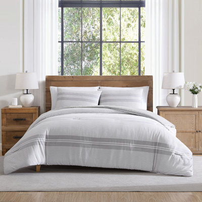 Gwen 3-Piece White/Grey Waffle Stripe Cotton Comforter Set