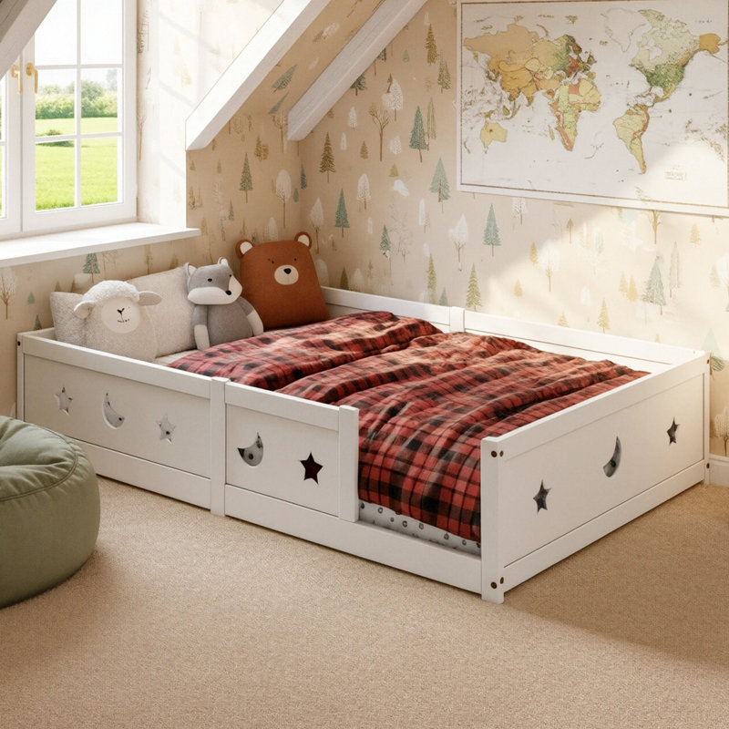 Solid Wood Montessori Floor Bed With Guardrails,  EU Single & Double Sizes, White, European Double (140 x 200 cm)